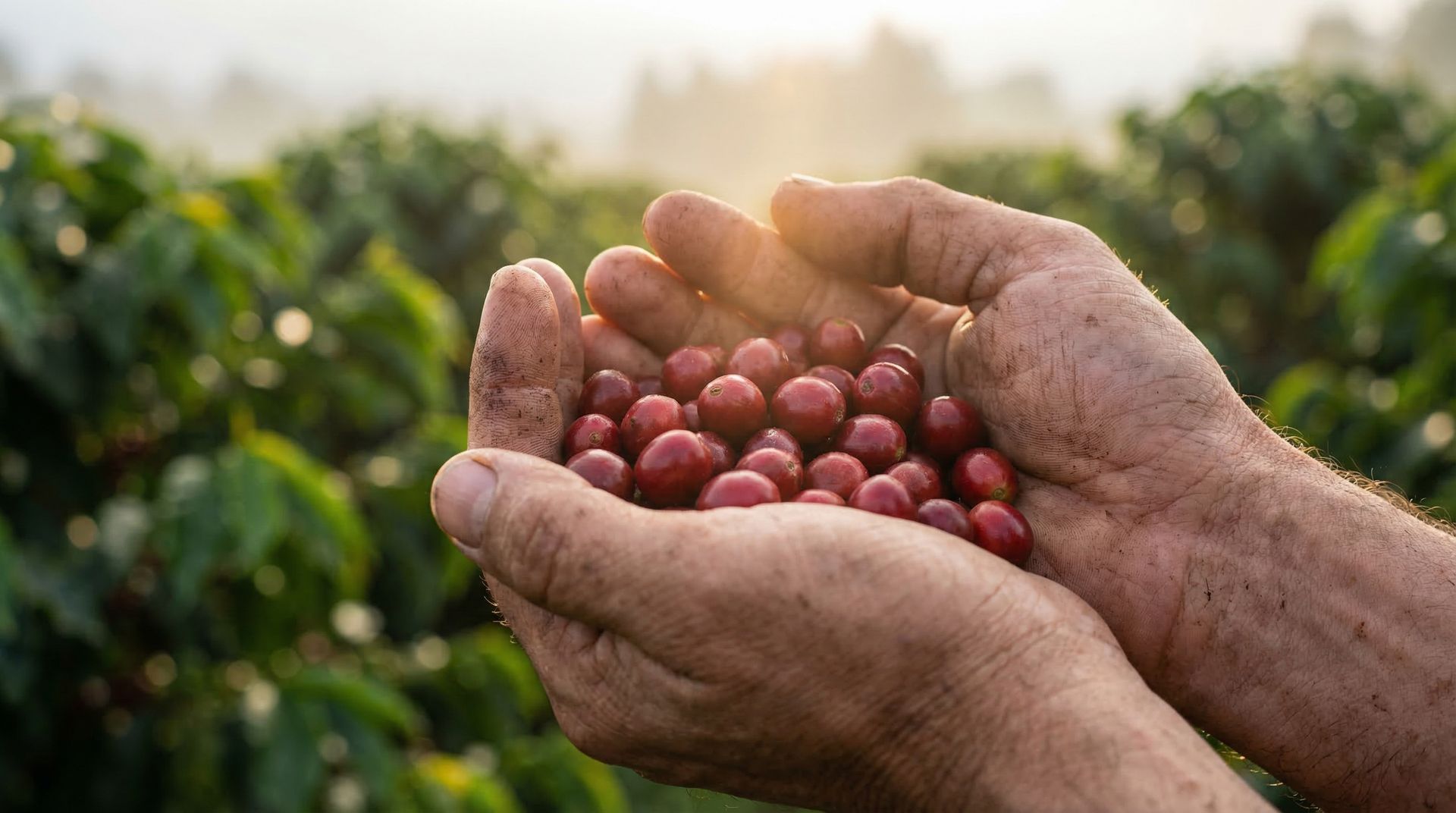Artisan hands cupping fresh coffee cherries in warm golden light