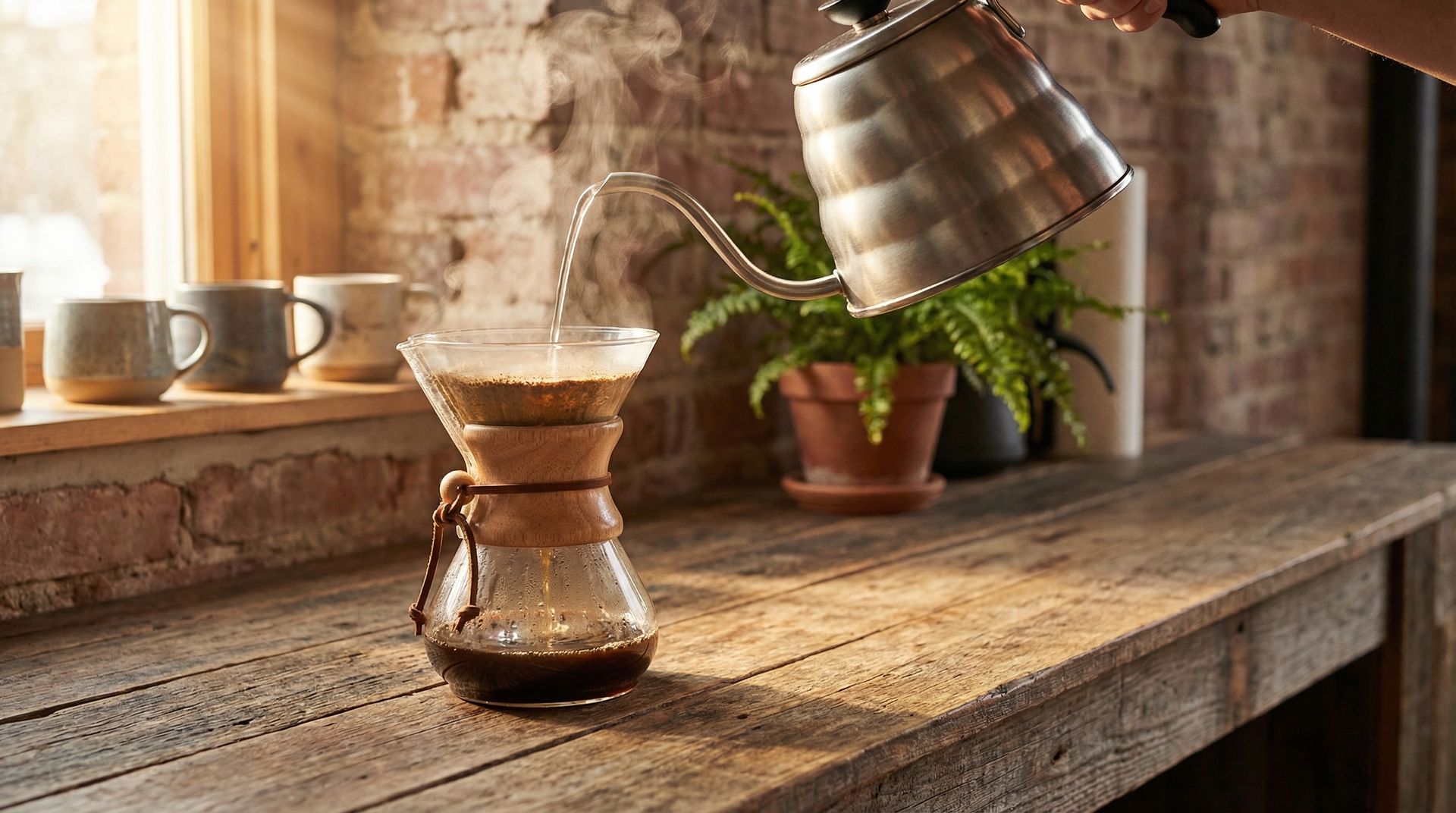 Pour over coffee brewing with steam rising