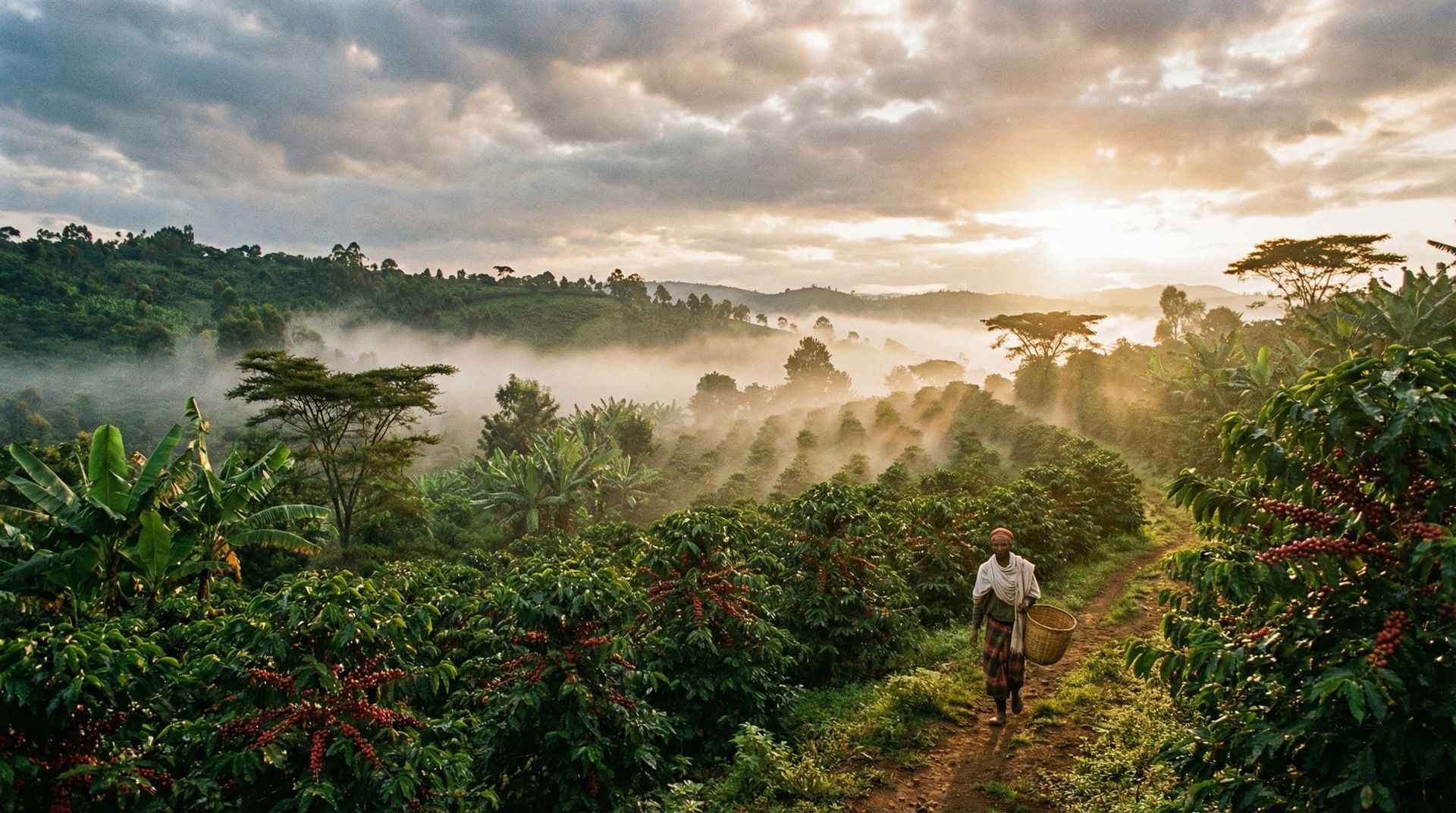 Ethiopian coffee farm at sunrise, rolling green hills