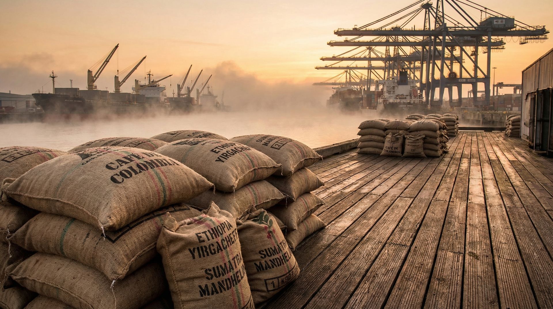 Burlap coffee bags on shipping dock in morning fog
