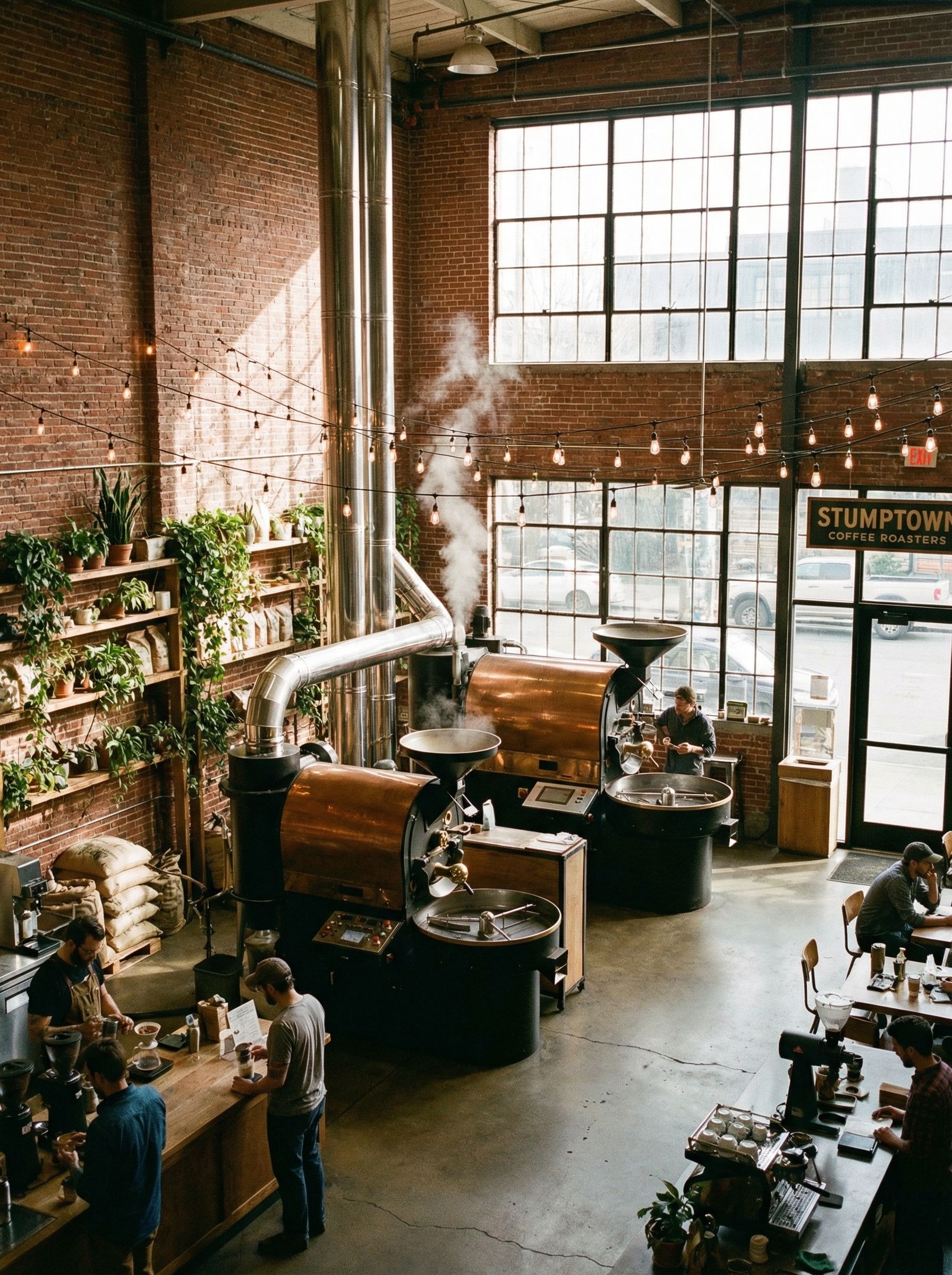 Coffee roastery interior with exposed brick and copper machines